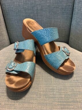 Dansko Sophie Women's Turquoise Embossed Double-Buckle Wedge Sandals